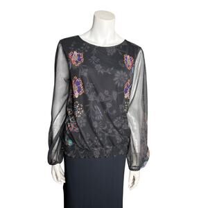 Desigual Top Women's Medium Mesh Floral Long Sleeve Black
